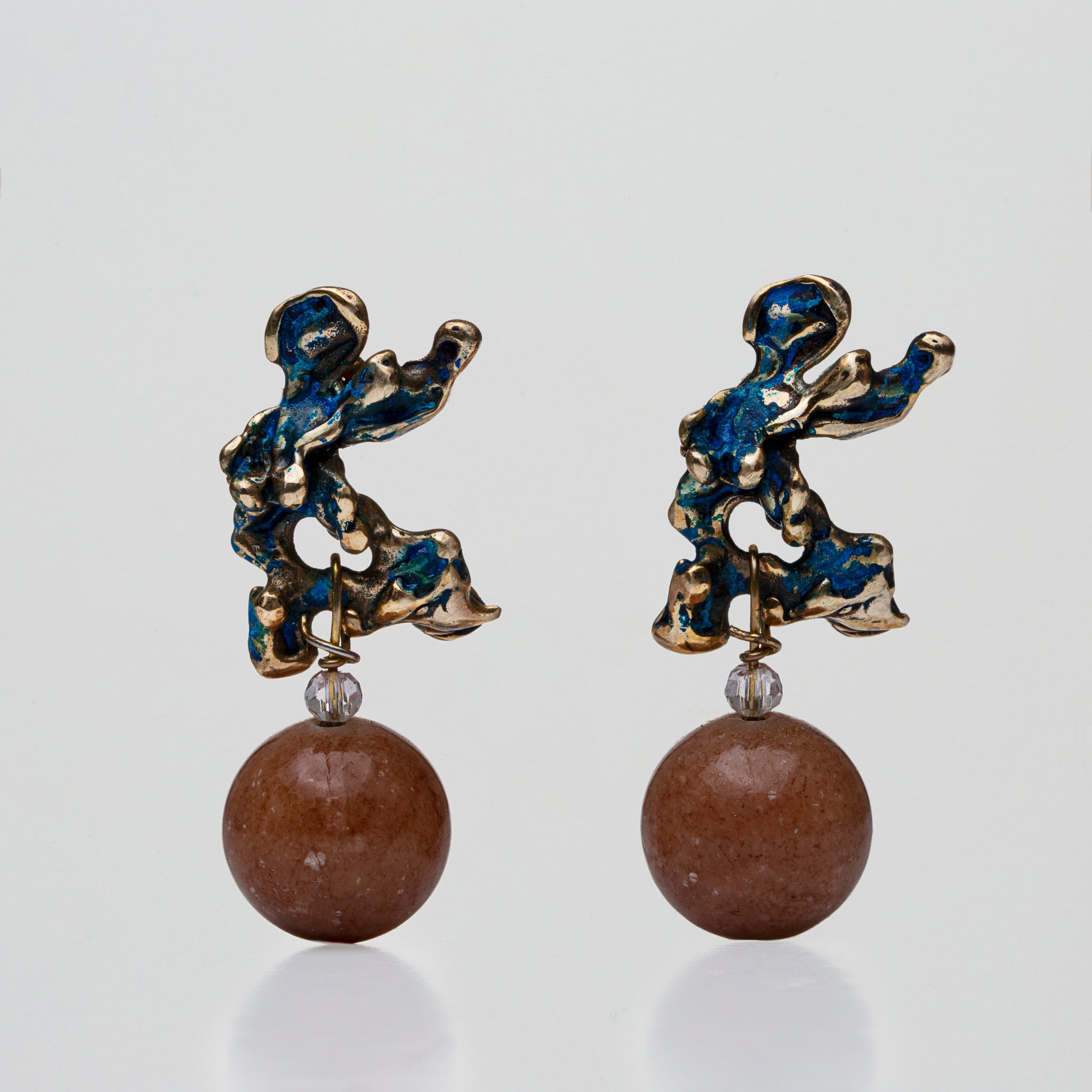 Earrings in Brown Jade and Blue Oxidized Bronze
